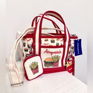Aeropostale Canvas Tote Crossbody Red and Cream with Food Print: Burgers, Fries